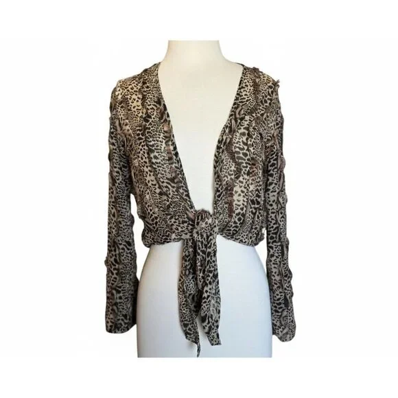 Chico's 100% Silk Leopard Print Blouse 0 XS Tie Front Mob Wife Crop Top Sexy - Picture 2 of 14